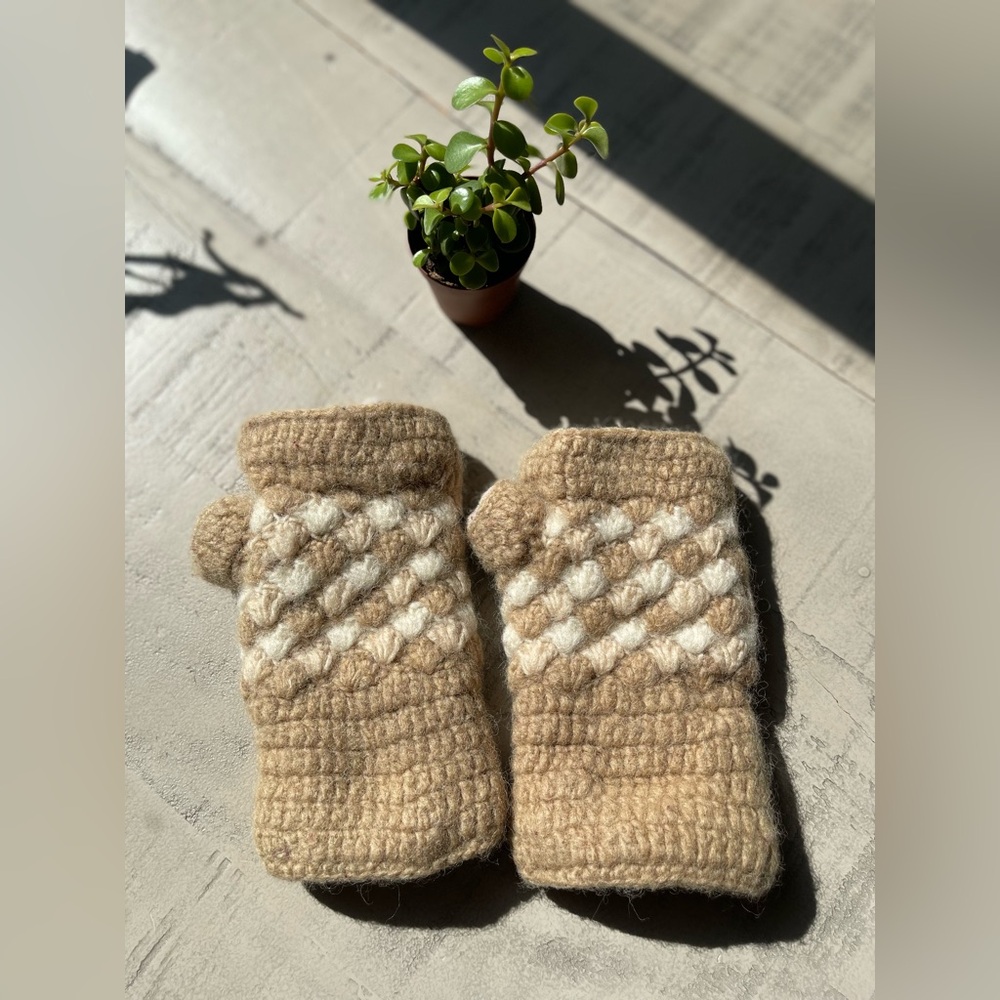 Handmade Tan and Cream Mittens